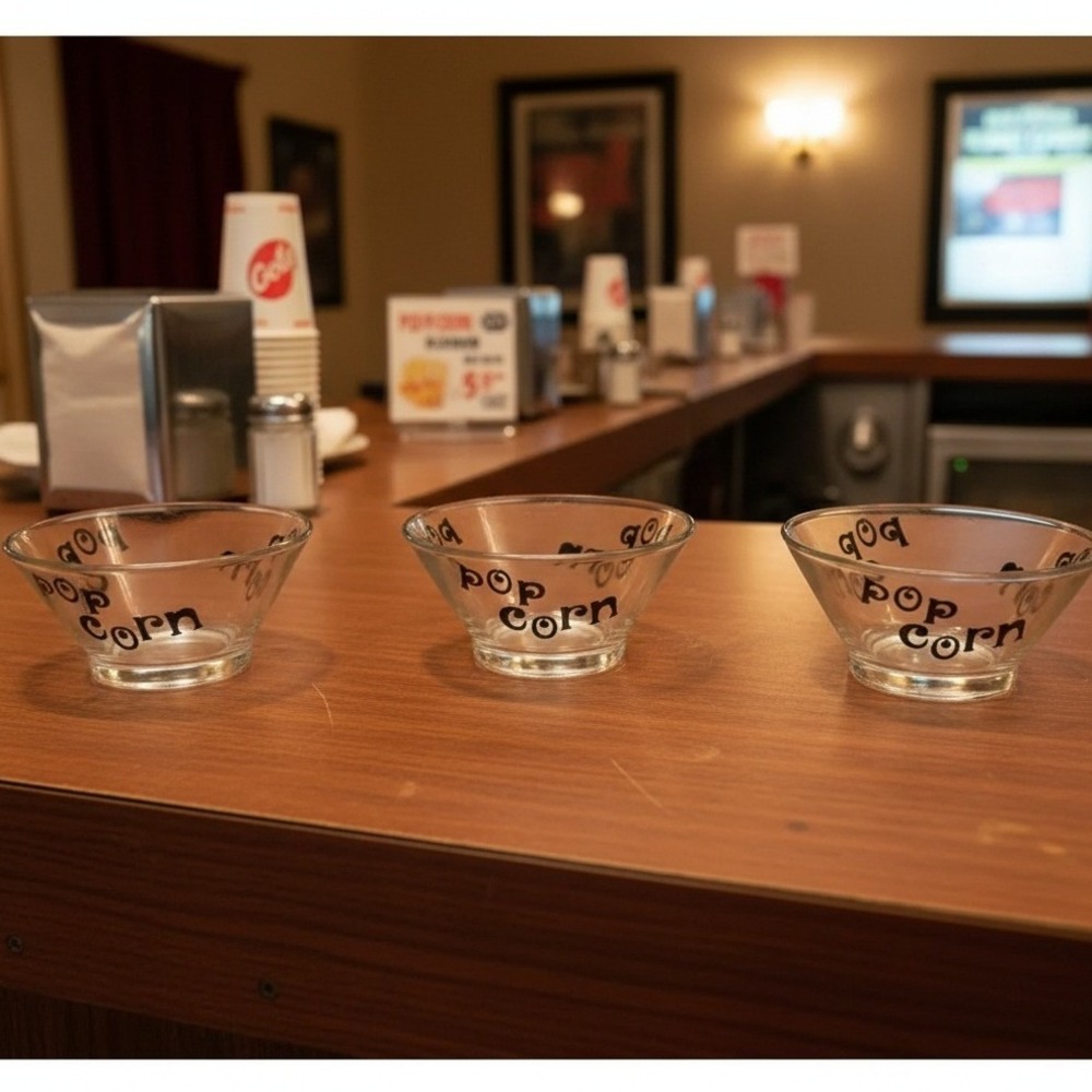Wheaton Glass Popcorn Bowls, Set of 3, Black Lettering, Replacement Dinnerware